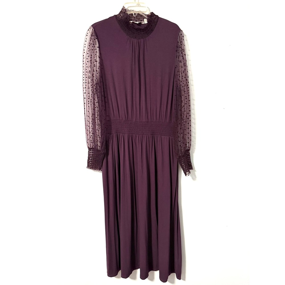 Boden Plum Purple Swiss Dot Sheer Sleeve Smocked Midi Jersey Knit Dress Size 12